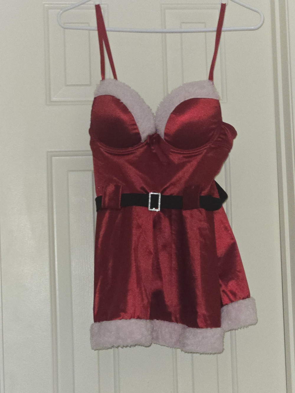 Holiday Red Satin Chemise with Faux Fur Trim and Belt